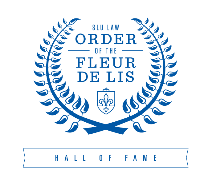 A blue and white logo that states Order of the Fleur de Lis Hall of Fame