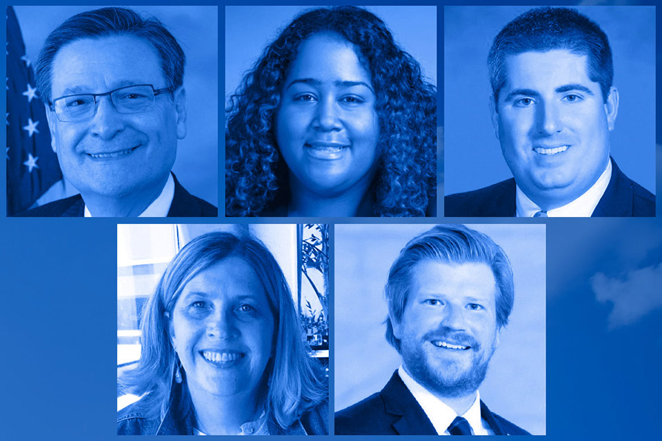 Collage of five headshots featuring (left to right) alumni Quico Canseco, Raumesh Akbari, Grant Mabie, Jenny Schmidt and Jack Coatar