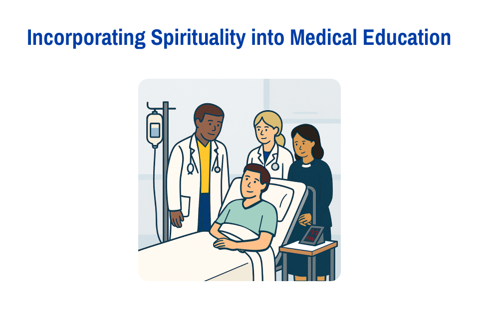 An image of a patient in a hospital bed recieving clinical care from a physician, student, and chaplain