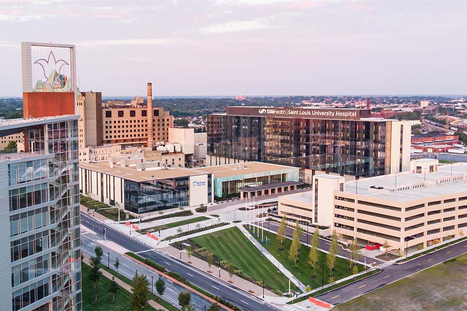 Skyline of new hospital and downtown St. Louis