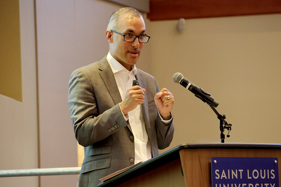 Daniel Dawes, J.D., delivered the Atlas Week Signature Symposium on Thursday, April 10, in the Wool Ballroom. 