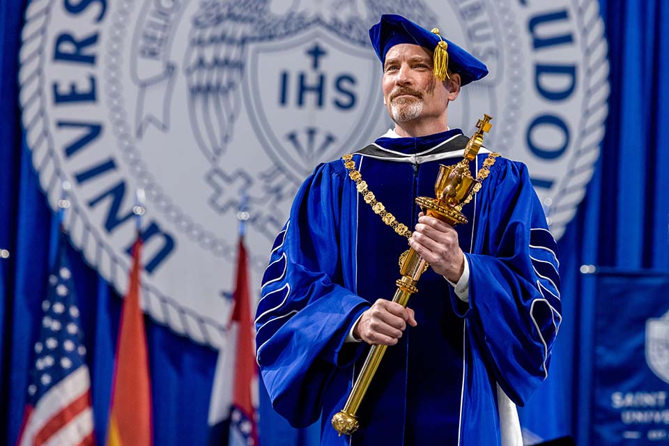 President Edward Feser, Ph.D., is installed as the 34th president of Saint Louis University during his Presidential Inauguration on Wednesday, Nov. 5, 2025. Photo by Sarah Conroy. 