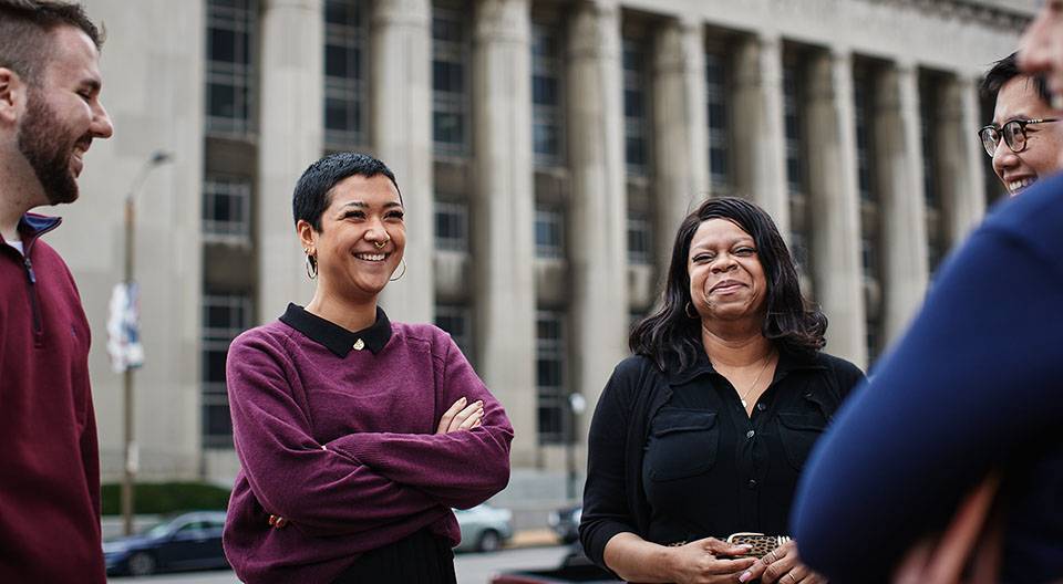 Social Work students gather on the steps of the courthouse in downtown St. Louis